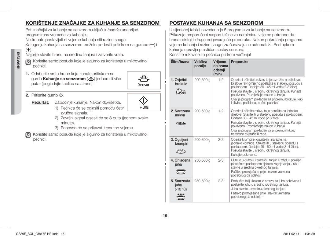 Samsung GS89F-1S/BOL manual Korištenje Značajke ZA Kuhanje SA Senzorom, Postavke Kuhanja SA Senzorom, Odstoji Min 