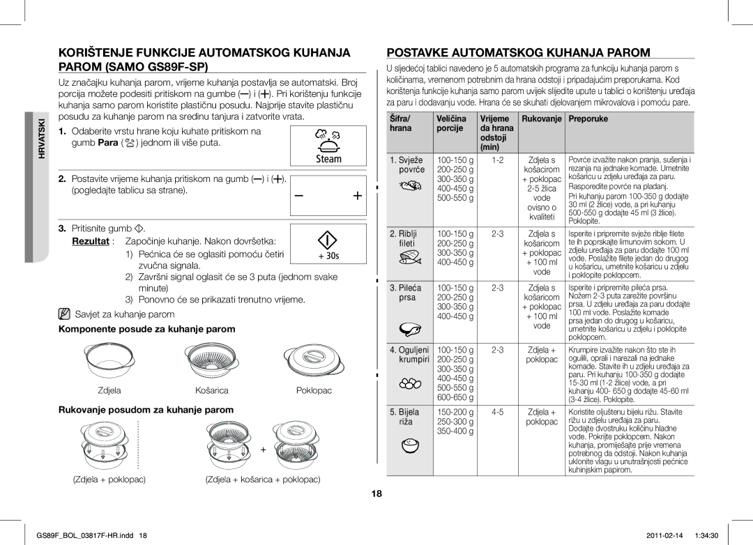 Samsung GS89F-1S/BOL manual Korištenje Funkcije Automatskog Kuhanja Parom Samo GS89F-SP, Postavke Automatskog Kuhanja Parom 