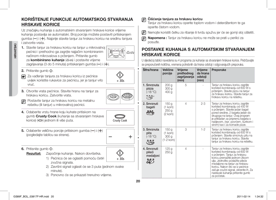 Samsung GS89F-1S/BOL manual Korištenje Funkcije Automatskog Stvaranja Hrskave Korice, Čišćenje tanjura za hrskavu koricu 