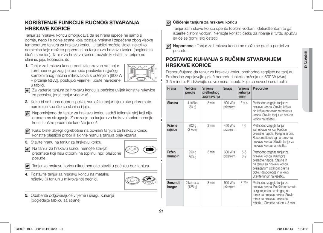 Samsung GS89F-1S/BOL manual Korištenje Funkcije Ručnog Stvaranja Hrskave Korice, + prženje 