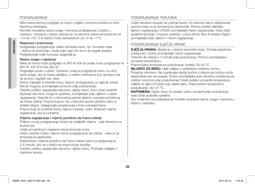 Samsung GS89F-1S/BOL manual Podgrijavanje Tekućina, Podgrijavanje Dječje Hrane 