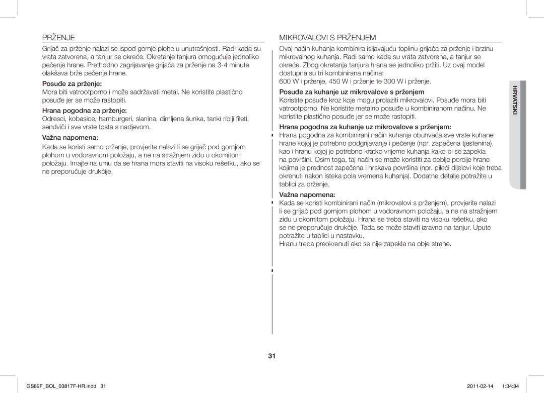 Samsung GS89F-1S/BOL manual Mikrovalovi S Prženjem 