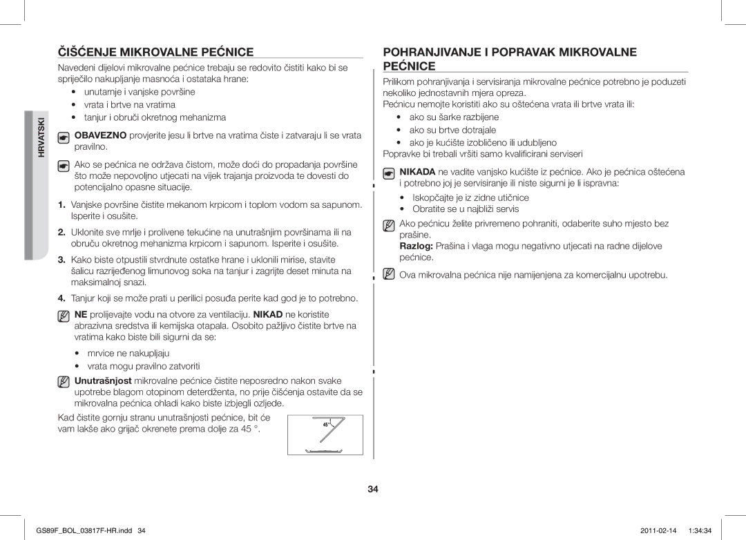 Samsung GS89F-1S/BOL manual Čišćenje Mikrovalne Pećnice, Pohranjivanje I Popravak Mikrovalne Pećnice 