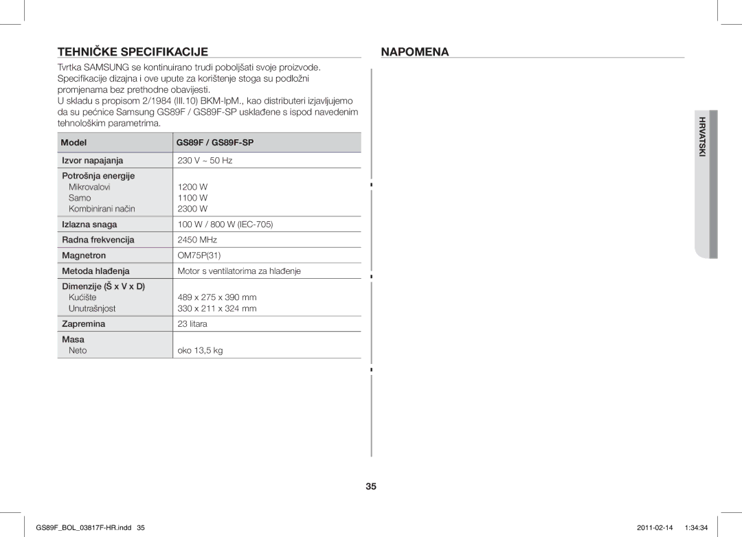 Samsung GS89F-1S/BOL manual Tehničke Specifikacije Napomena, Model GS89F / GS89F-SP 