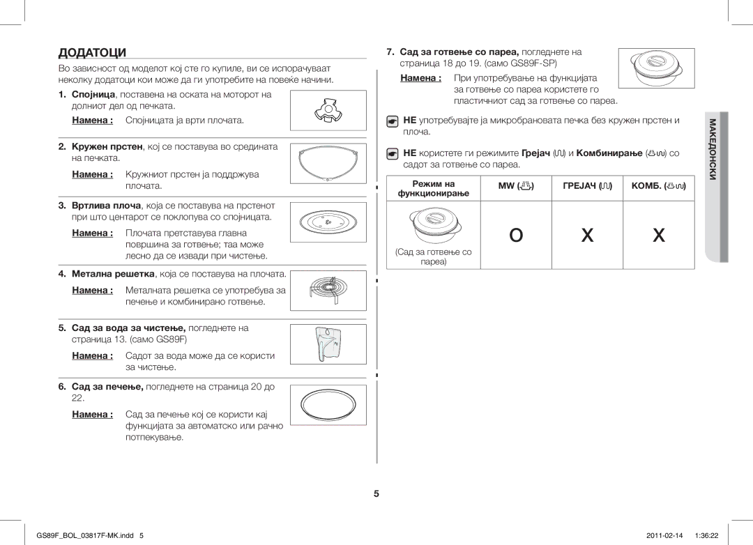 Samsung GS89F-1S/BOL manual Додатоци, Сад за готвење со пареа, погледнете на, Страница 18 до 19. само GS89F-SP, Плоча 