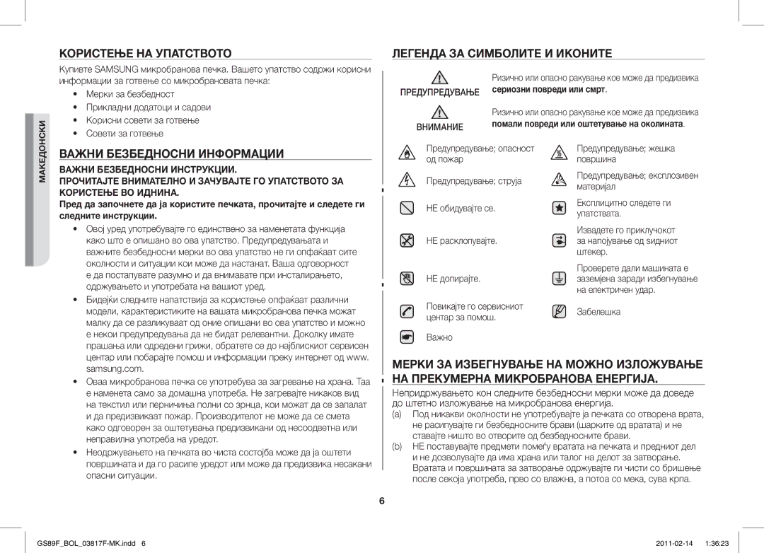 Samsung GS89F-1S/BOL manual Користење НА Упатството, Легенда ЗА Симболите И Иконите, Важни Безбедносни Информации 