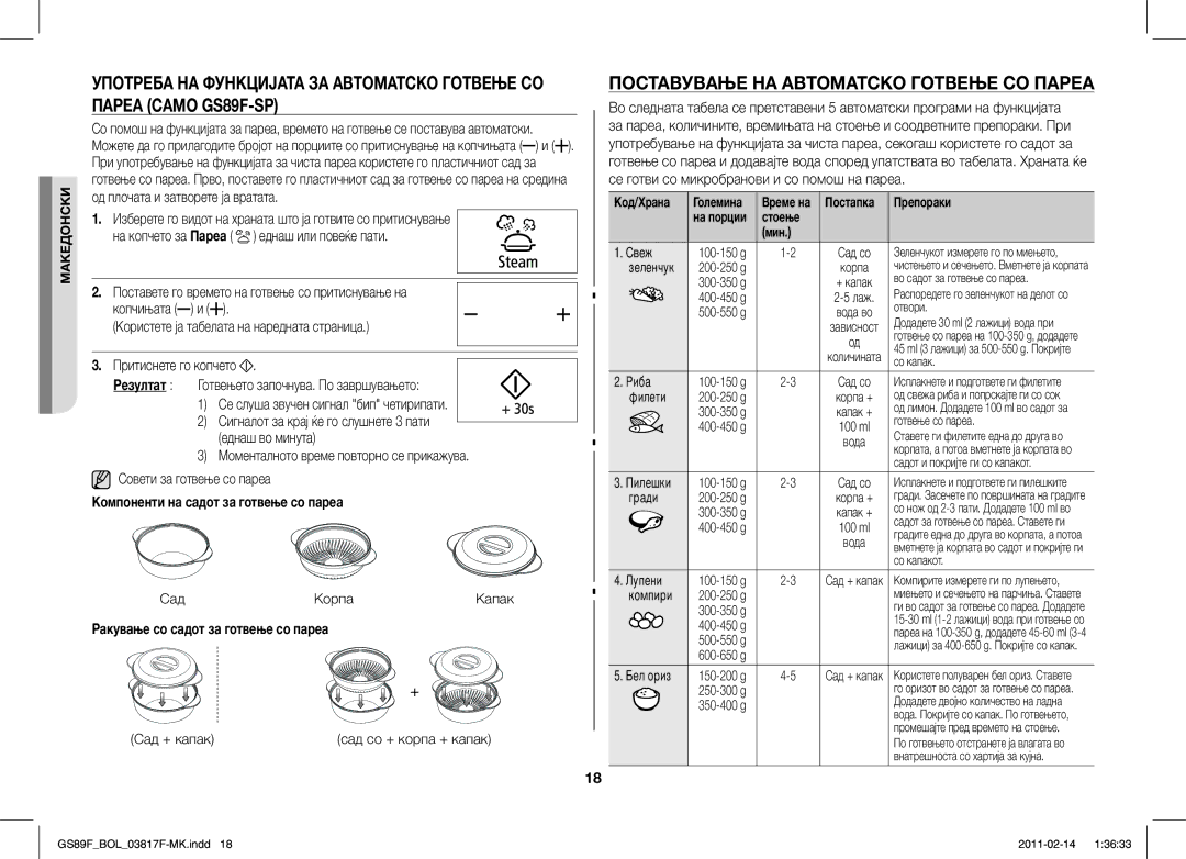 Samsung GS89F-1S/BOL manual Поставување НА Автоматско Готвење СО Пареа, Компоненти на садот за готвење со пареа 