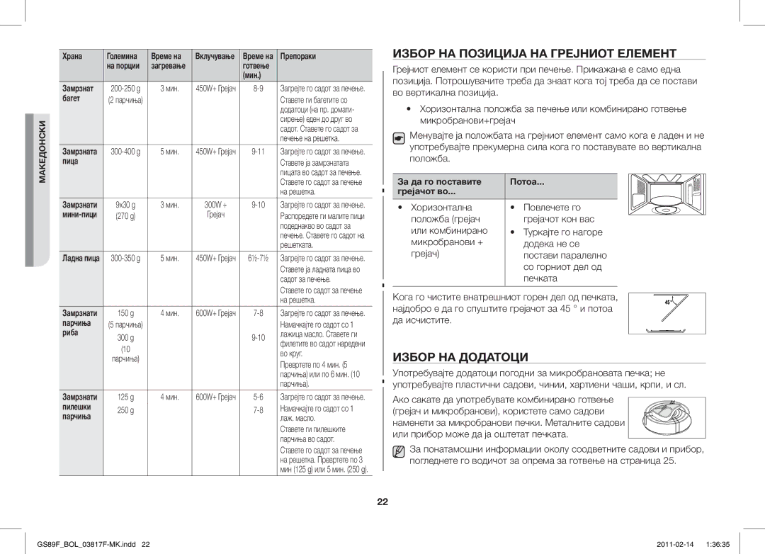 Samsung GS89F-1S/BOL manual Избор НА Позиција НА Грејниот Елемент, Избор НА Додатоци 