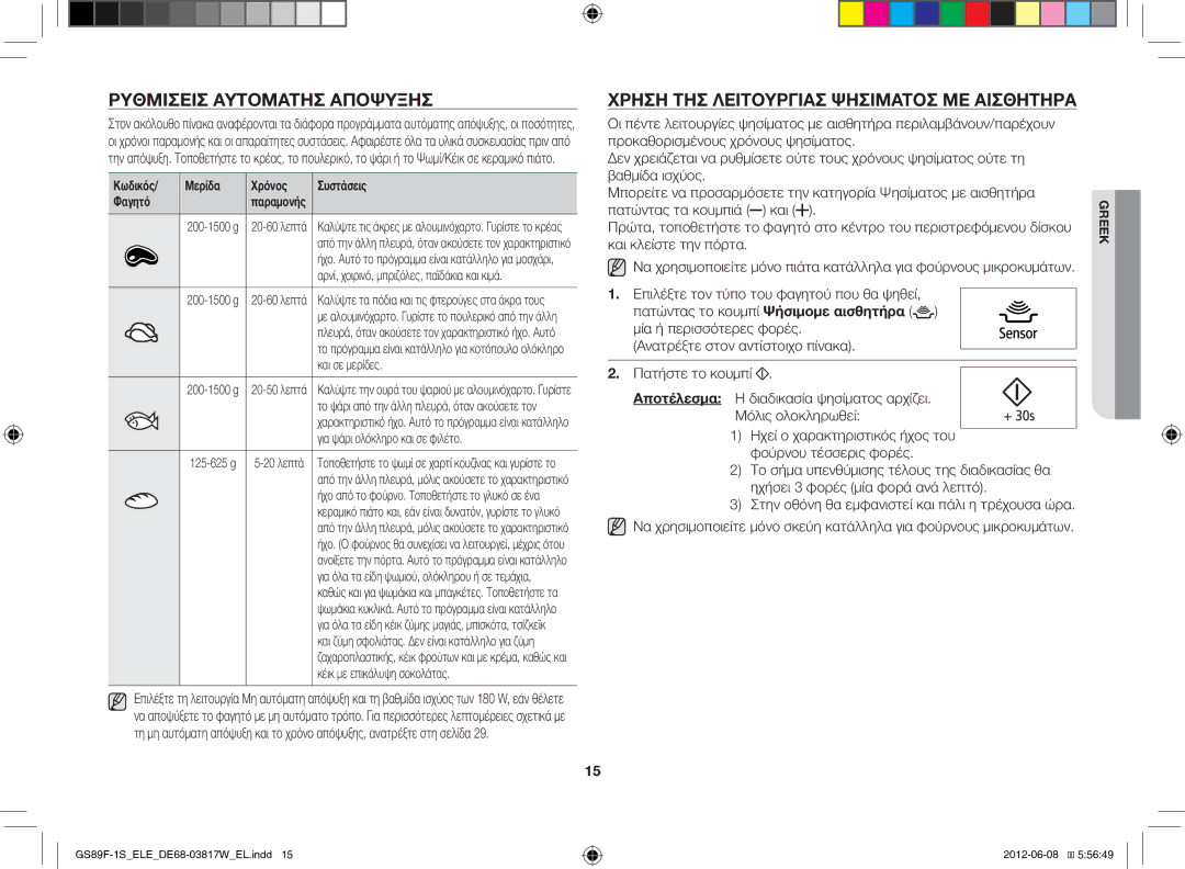 Samsung GS89F-1S/ELE manual Ρυθμίσεισ Αυτόματησ Απόψυξησ, Χρήση ΤΗΣ Λειτουργίασ Ψησίματοσ ΜΕ Αισθητήρα 