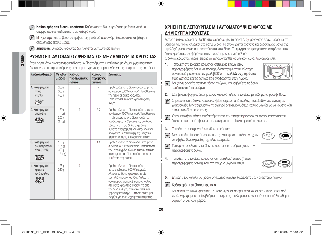 Samsung GS89F-1S/ELE manual Τοποθετήστε το φαγητό στο δίσκο κρούστας, Καθαρισμός του δίσκου κρούστας 