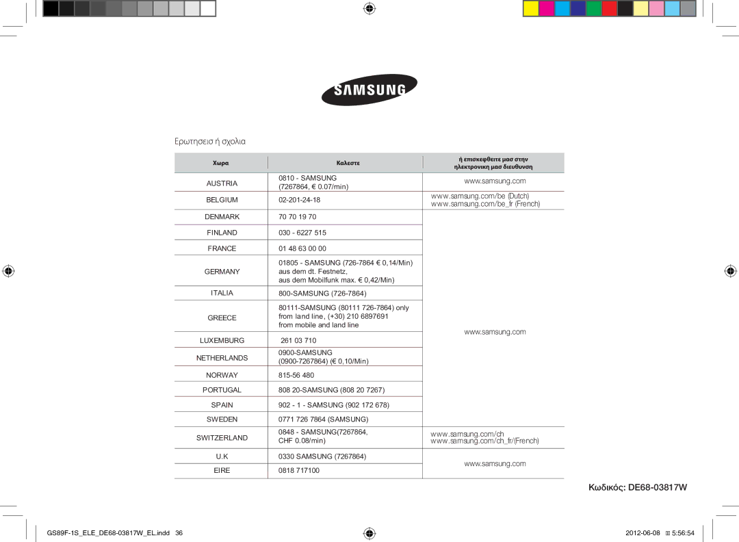 Samsung GS89F-1S/ELE manual Κωδικός DE68-03817W 