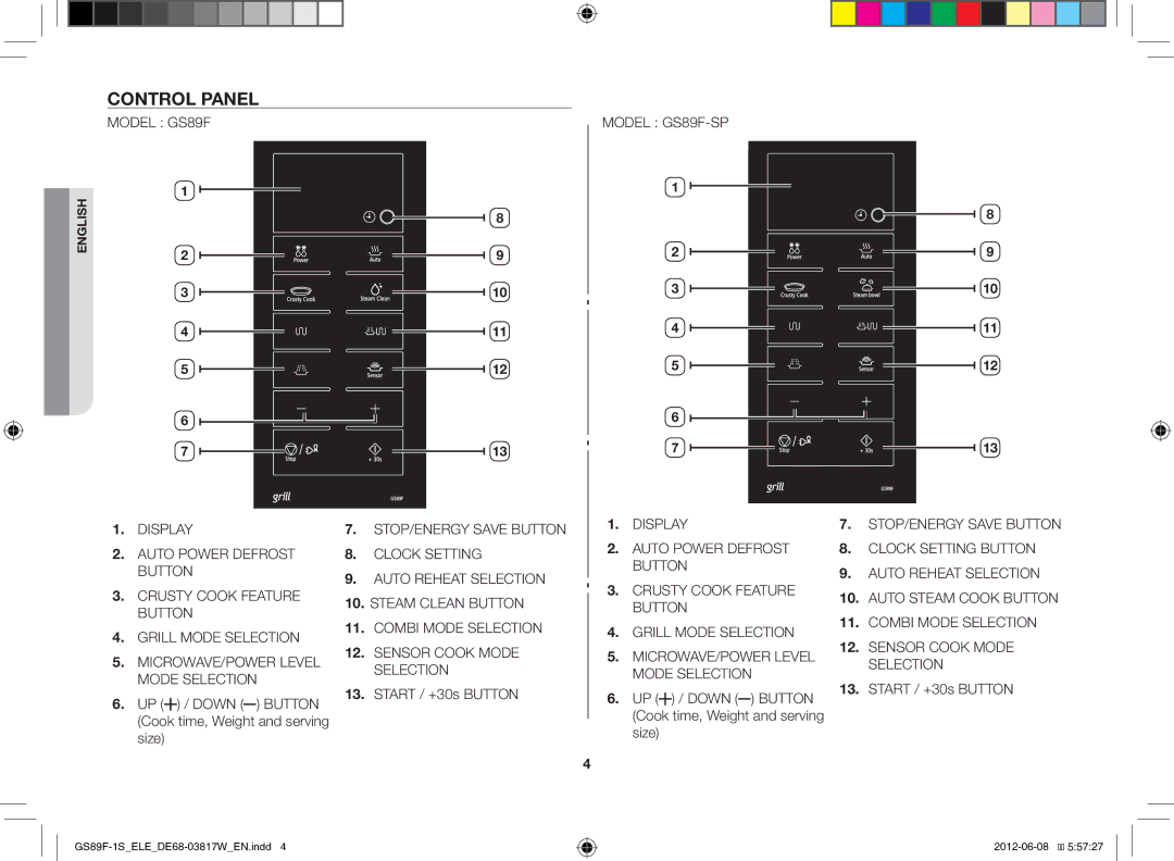 Samsung GS89F-1S/ELE manual Control Panel, UP / Down Button Cook time, Weight and serving size, Start / +30s Button 