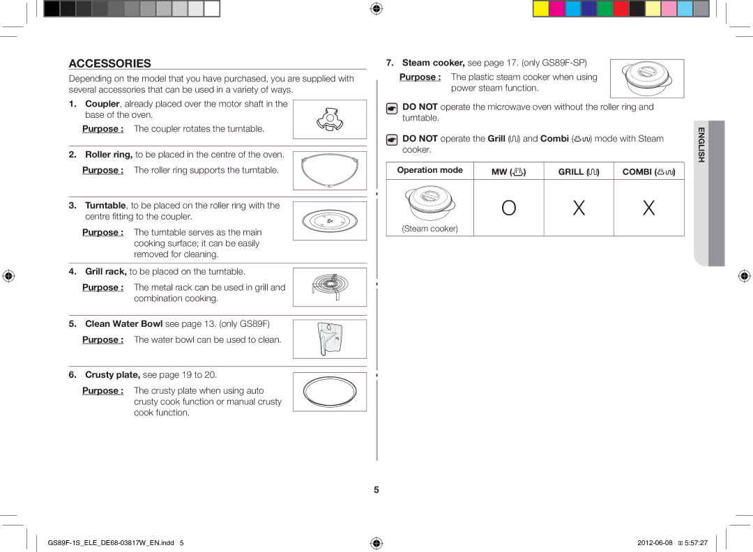 Samsung GS89F-1S/ELE manual Accessories, Crusty plate, see page 19 to, Operation mode, Steam cooker 