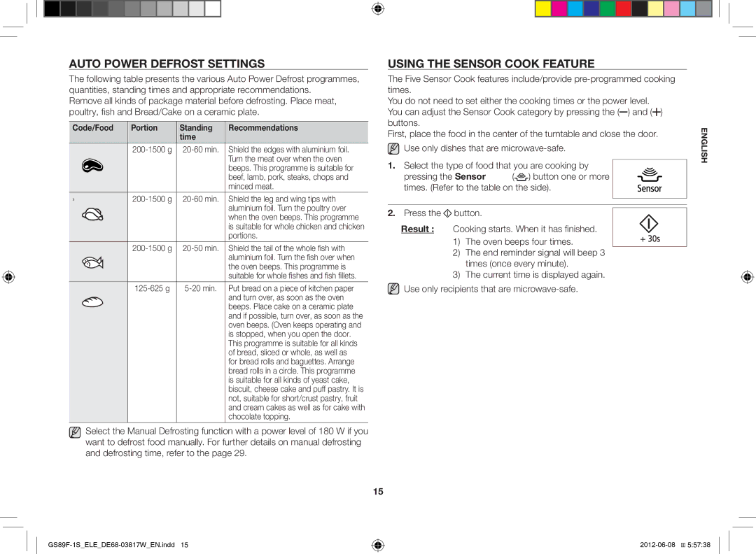 Samsung GS89F-1S/ELE manual Auto Power Defrost Settings, Using the Sensor Cook Feature 