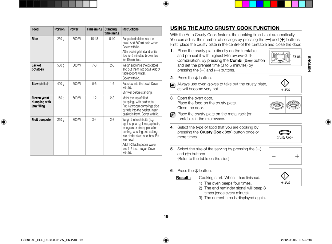 Samsung GS89F-1S/ELE manual Using the Auto Crusty Cook Function 