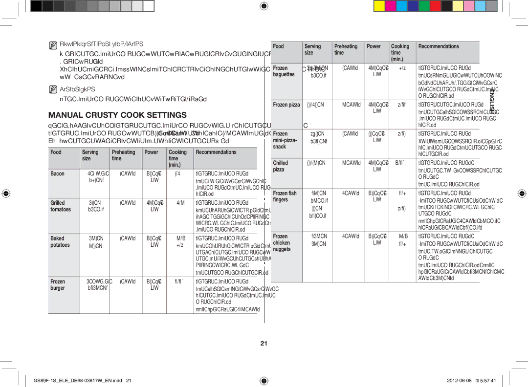 Samsung GS89F-1S/ELE manual Manual Crusty Cook Settings 