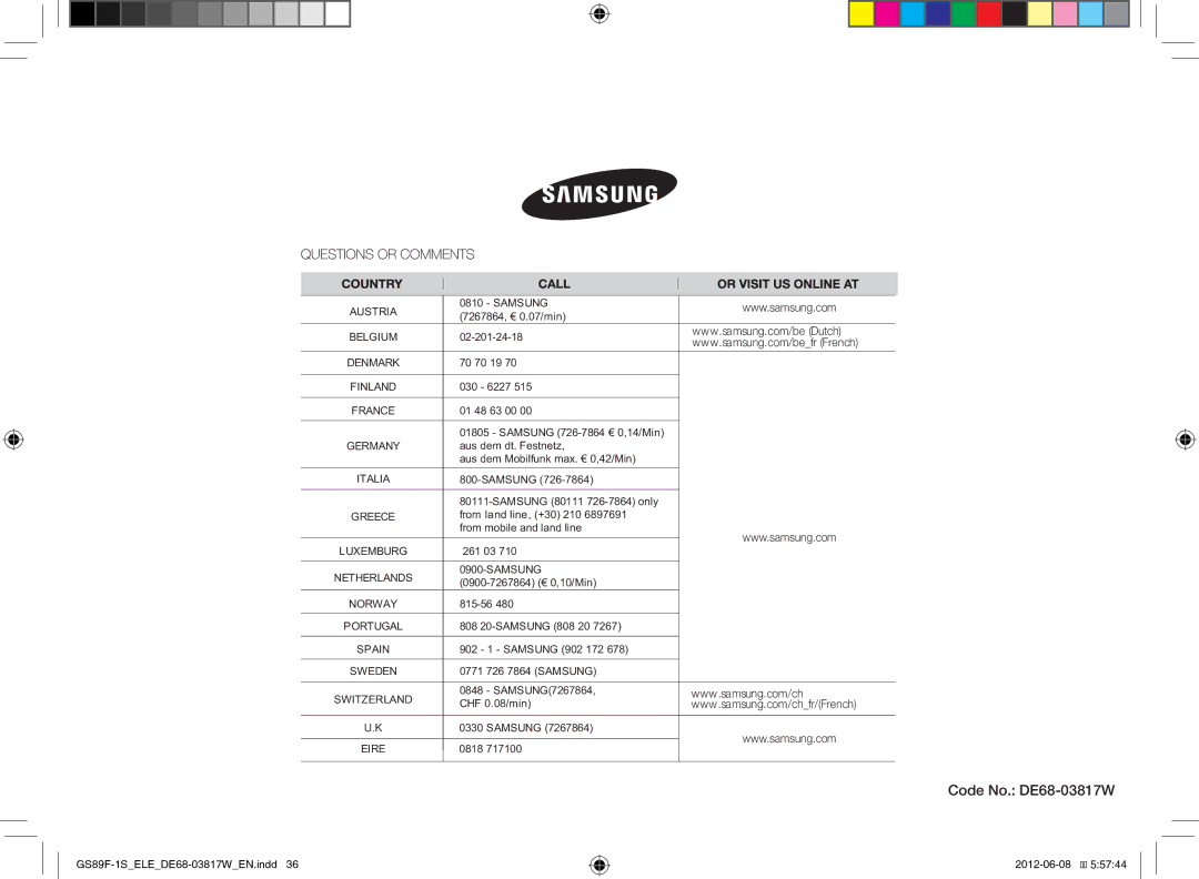 Samsung GS89F-1S/ELE manual Code No. DE68-03817W 