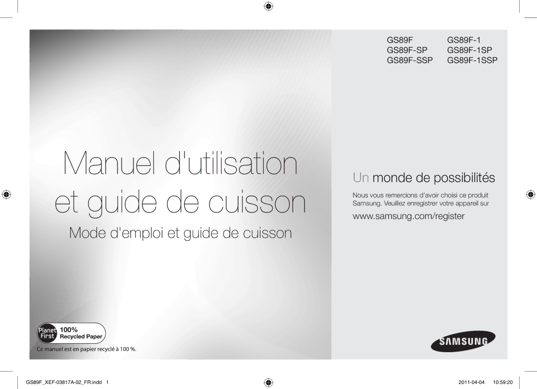 Samsung GS89F-1SP/XEF manual Manuel dutilisation et guide de cuisson 