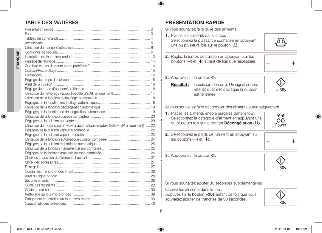 Samsung GS89F-1SP/XEF manual Table des matières, Présentation rapide 