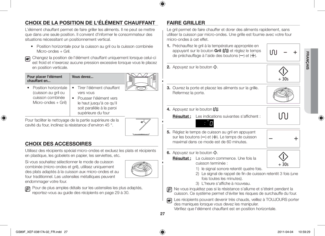 Samsung GS89F-1SP/XEF manual Choix de la position de lélément chauffant, Choix des accessoires, Faire griller 