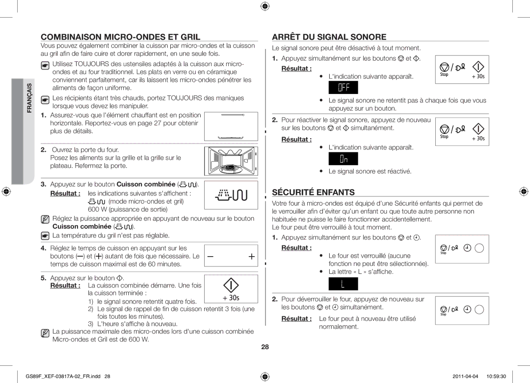 Samsung GS89F-1SP/XEF manual Combinaison micro-ondes et gril, Arrêt du signal sonore, Sécurité enfants, Cuisson combinée 