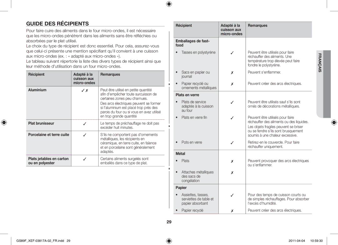 Samsung GS89F-1SP/XEF manual Guide des récipients 