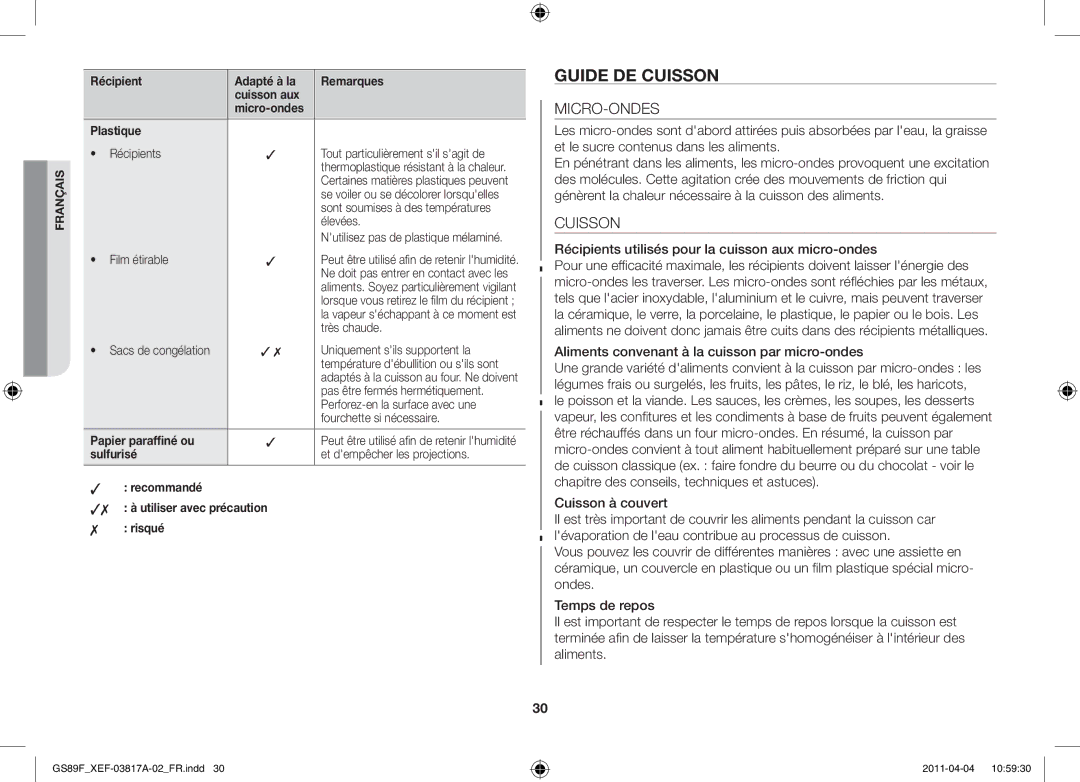 Samsung GS89F-1SP/XEF manual Guide de cuisson, Micro-Ondes, Cuisson, Récipients utilisés pour la cuisson aux micro-ondes 