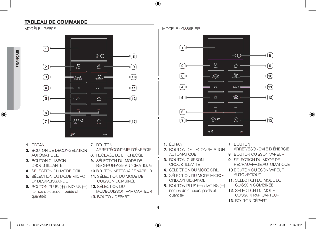 Samsung GS89F-1SP/XEF manual Tableau de commande, Bouton Plus / Moins temps de cuisson, poids et quantité 