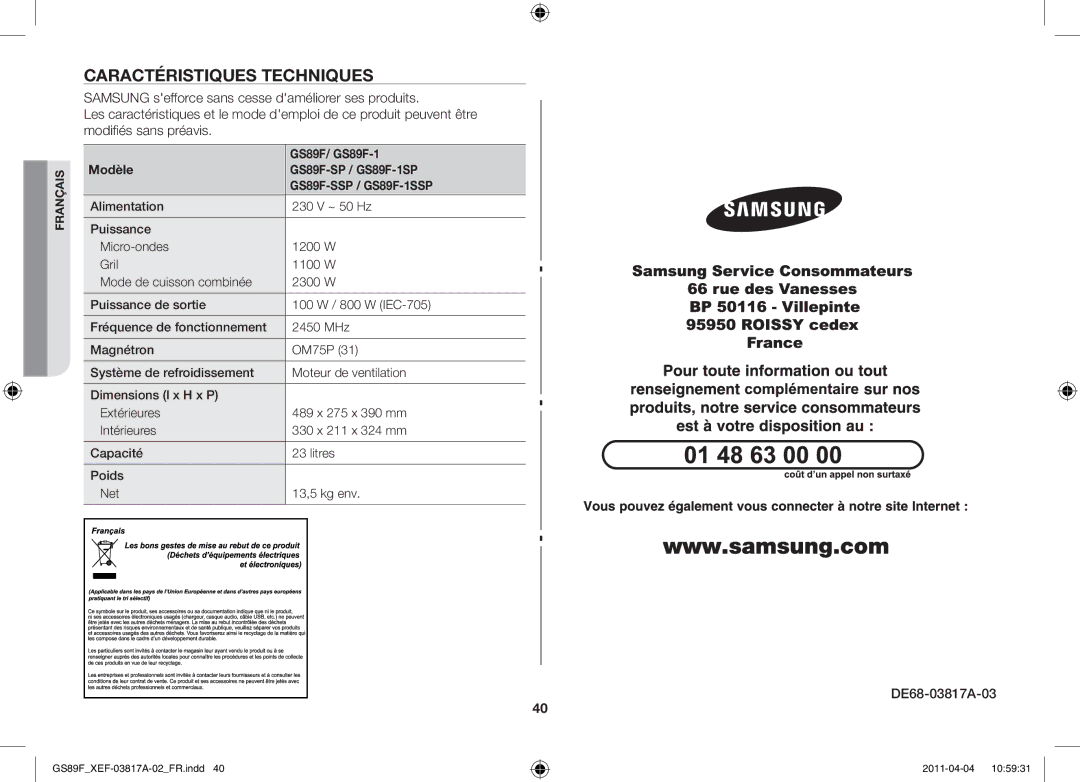 Samsung GS89F-1SP/XEF manual Caractéristiques techniques, DE68-03817A-03, GS89F/ GS89F-1, Modèle GS89F-SP / GS89F-1SP 