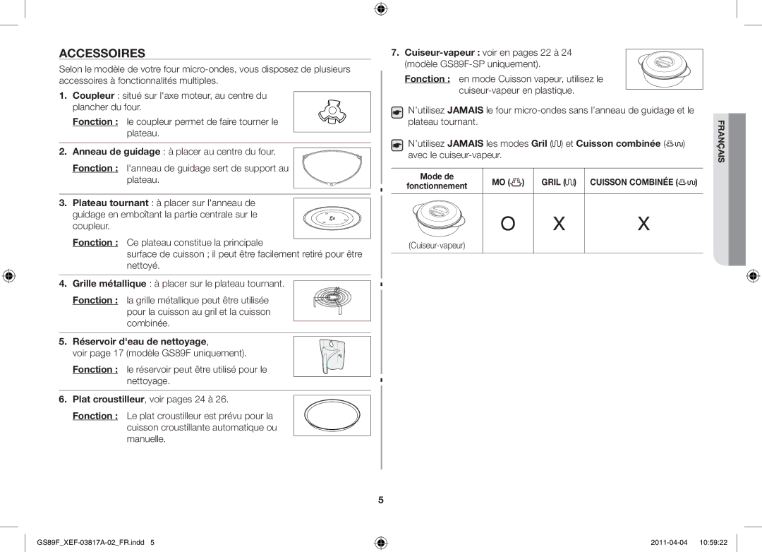 Samsung GS89F-1SP/XEF manual Accessoires, Réservoir deau de nettoyage, Cuiseur-vapeur 