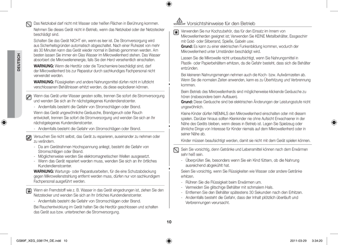 Samsung GS89F-1SP/XEG manual Vorsicht Vorsichtshinweise für den Betrieb 