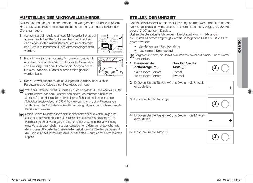 Samsung GS89F-1SP/XEG Aufstellen des Mikrowellenherds, Stellen der Uhrzeit, Umzustellen, Um die Uhrzeit Einzustellen, Und 