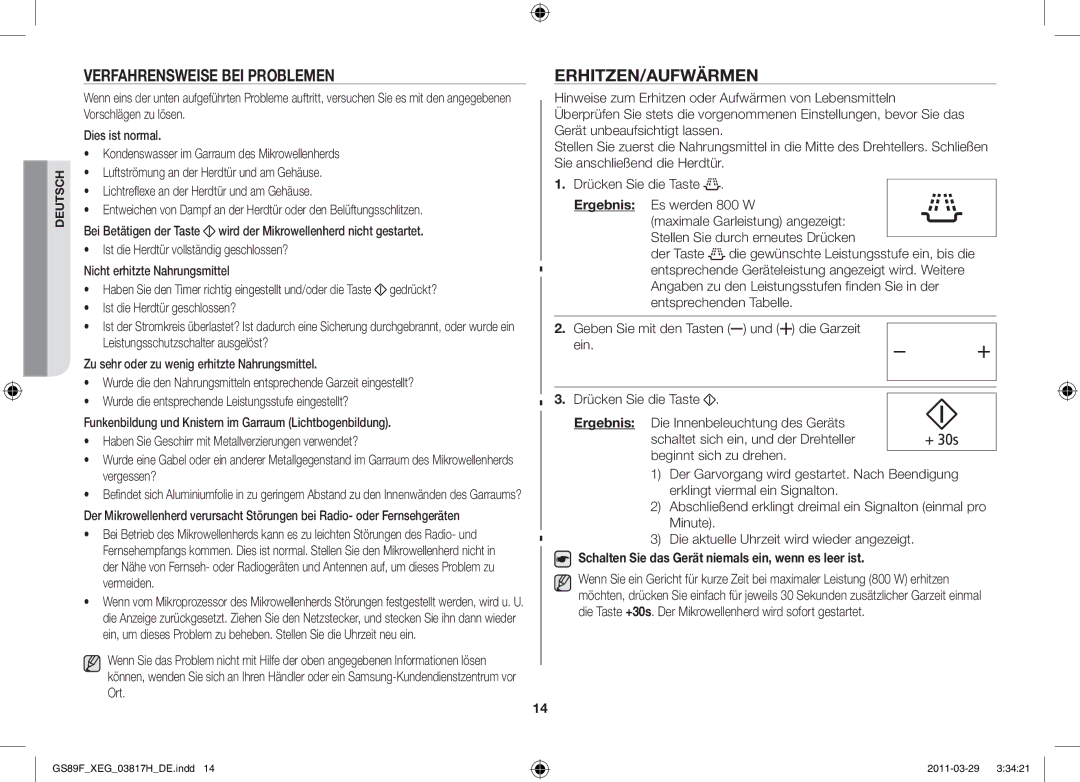 Samsung GS89F-1SP/XEG manual Verfahrensweise bei Problemen, Erhitzen/Aufwärmen, Ist die Herdtür geschlossen? 