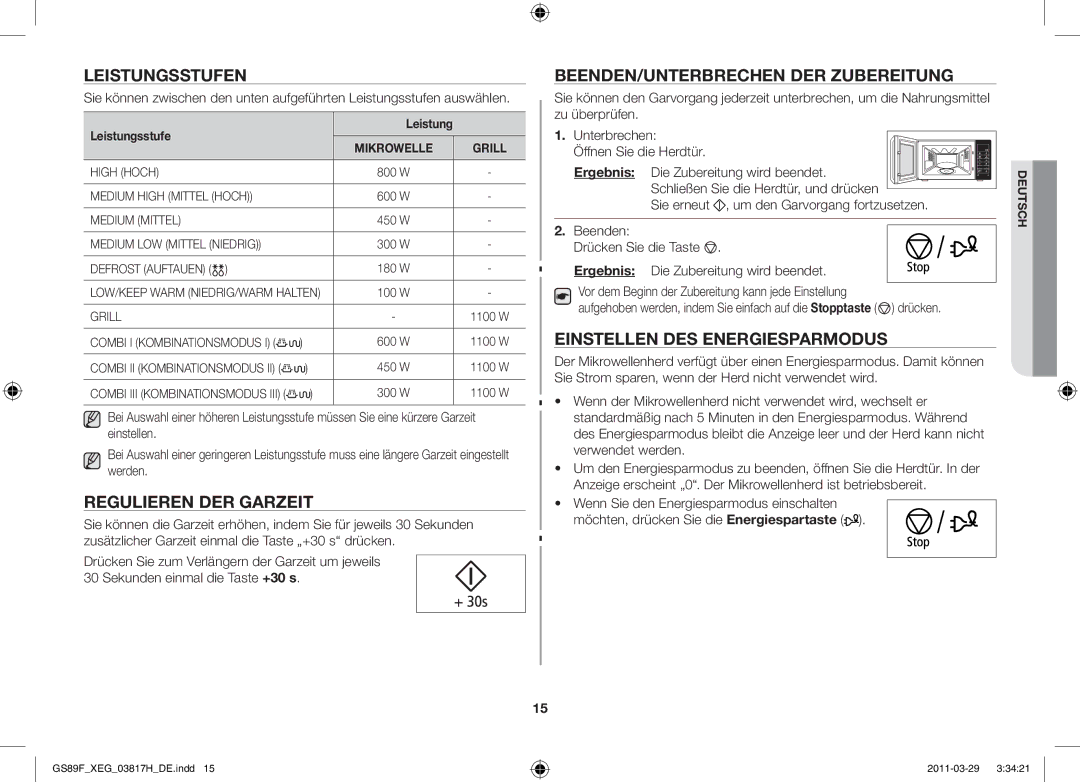 Samsung GS89F-1SP/XEG manual Leistungsstufen, Regulieren der Garzeit, Beenden/Unterbrechen der Zubereitung 