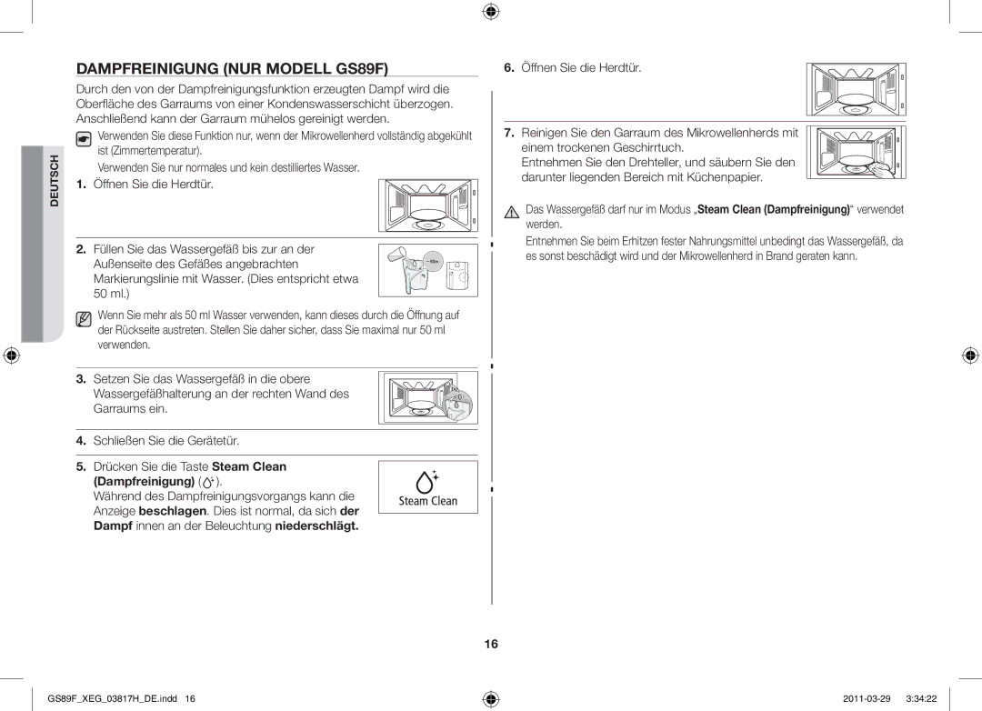 Samsung GS89F-1SP/XEG manual Dampfreinigung nur Modell GS89F, Drücken Sie die Taste Steam Clean 