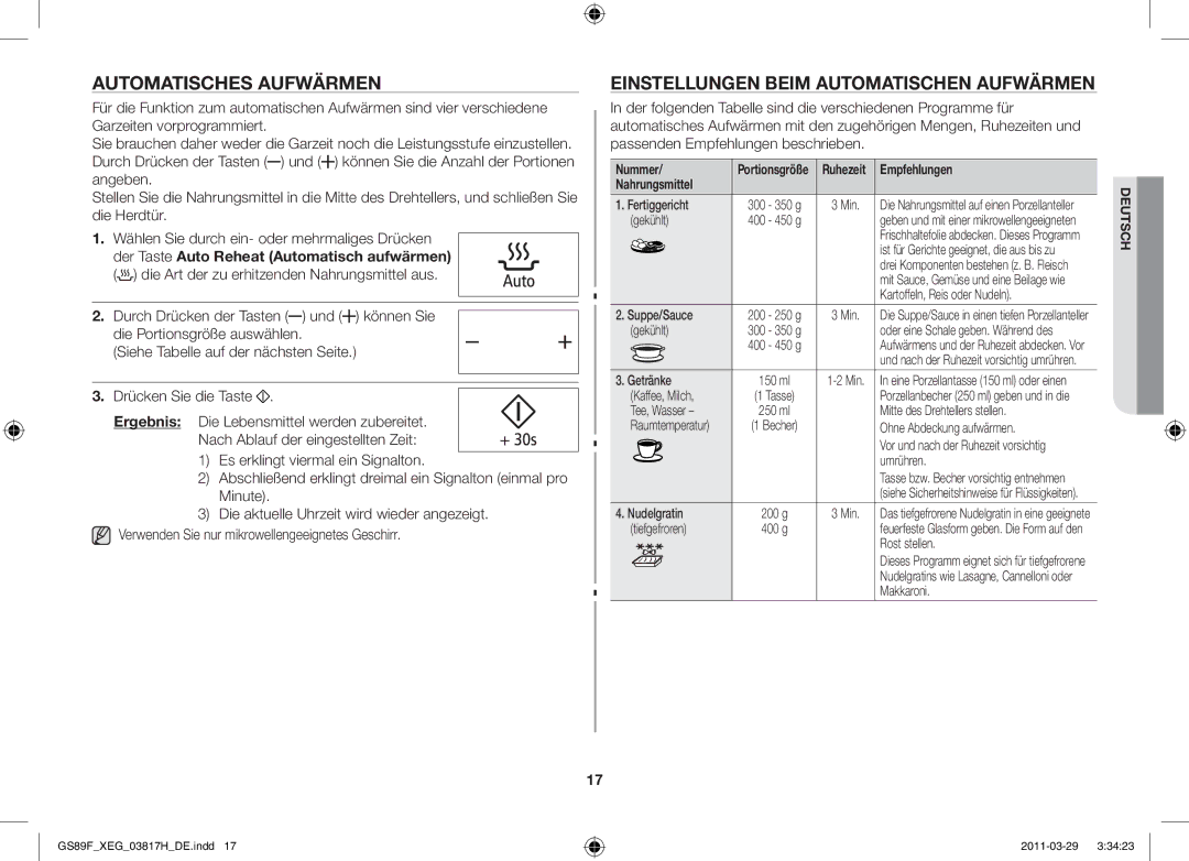 Samsung GS89F-1SP/XEG manual Automatisches Aufwärmen, Einstellungen beim automatischen Aufwärmen, Nummer 