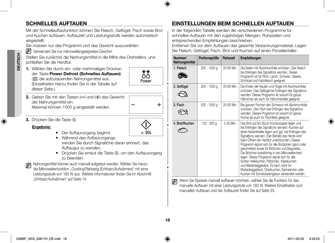 Samsung GS89F-1SP/XEG manual Schnelles Auftauen, Einstellungen beim schnellen Auftauen, Ergebnis 