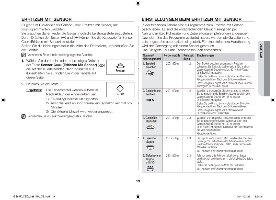 Samsung GS89F-1SP/XEG manual Einstellungen beim Erhitzen mit Sensor, Das Glasgefäß nur mit Ofenhandschuhen entnehmen 