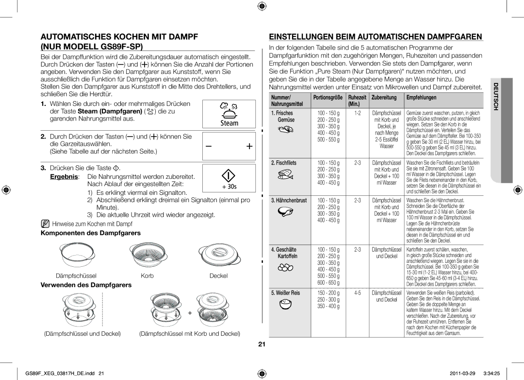 Samsung GS89F-1SP/XEG Automatisches Kochen mit Dampf nur Modell GS89F-SP, Einstellungen beim automatischen Dampfgaren 