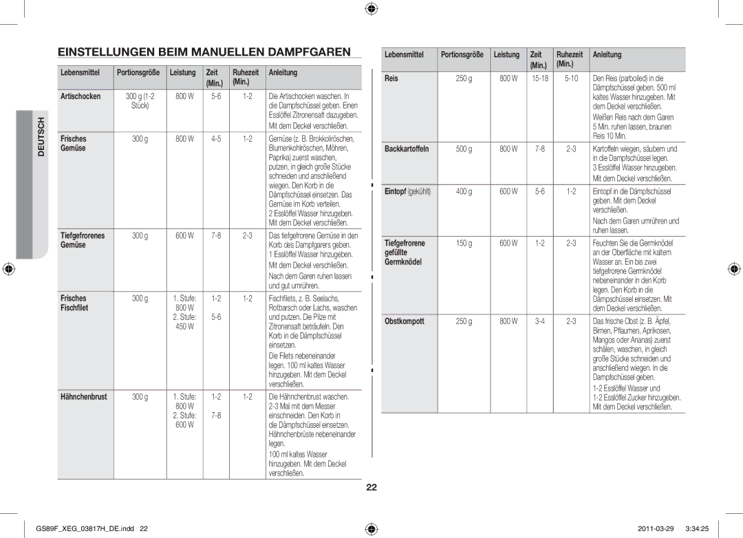 Samsung GS89F-1SP/XEG manual Einstellungen beim manuellen Dampfgaren 