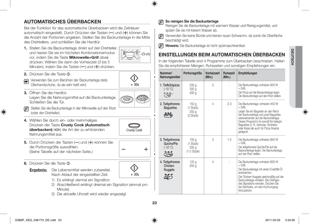 Samsung GS89F-1SP/XEG manual Automatisches Überbacken, Einstellungen beim automatischen Überbacken 