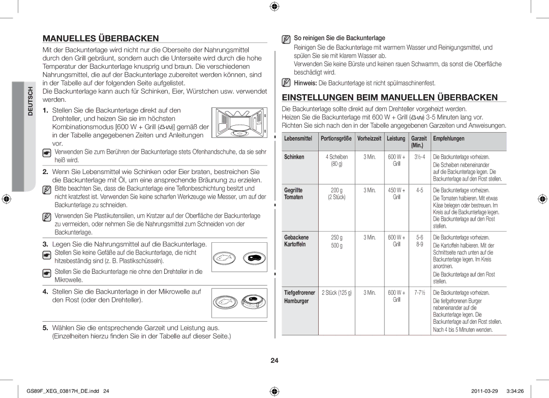 Samsung GS89F-1SP/XEG manual Manuelles Überbacken, Einstellungen beim manuellen Überbacken 