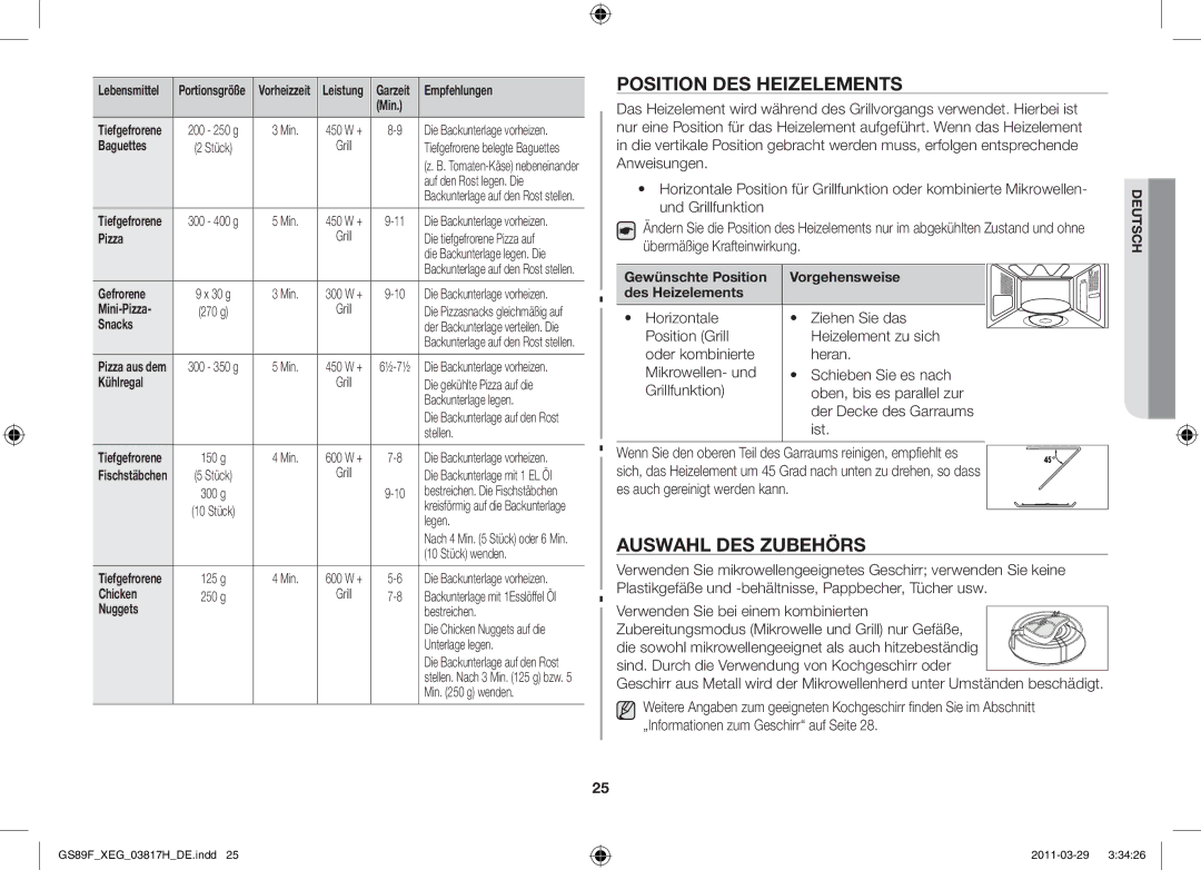 Samsung GS89F-1SP/XEG manual Position des Heizelements, Auswahl des Zubehörs 