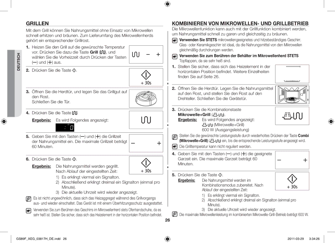 Samsung GS89F-1SP/XEG manual Grillen, Kombinieren von Mikrowellen- und Grillbetrieb, Mikrowelle+Grill 