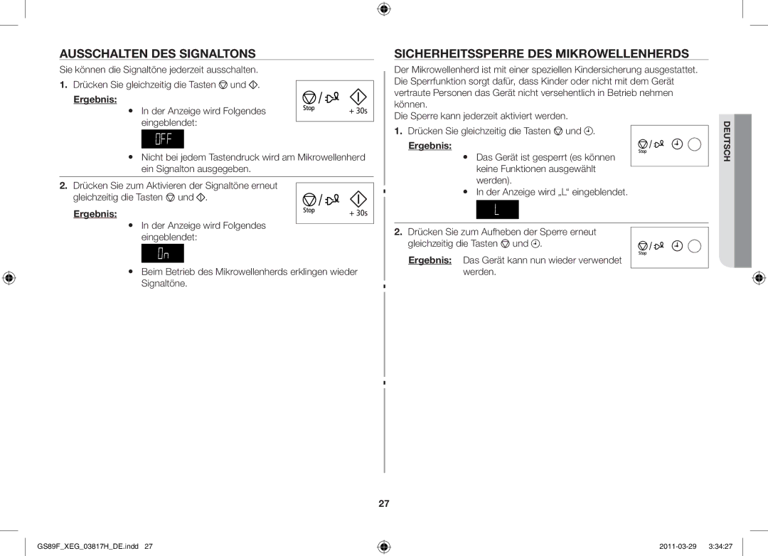 Samsung GS89F-1SP/XEG manual Ausschalten des Signaltons, Sicherheitssperre des Mikrowellenherds 