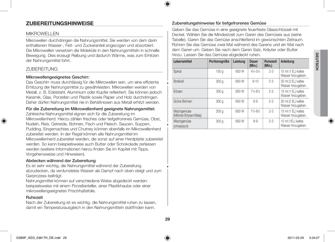 Samsung GS89F-1SP/XEG manual Mikrowellengeeignetes Geschirr, Zubereitungshinweise für tiefgefrorenes Gemüse 