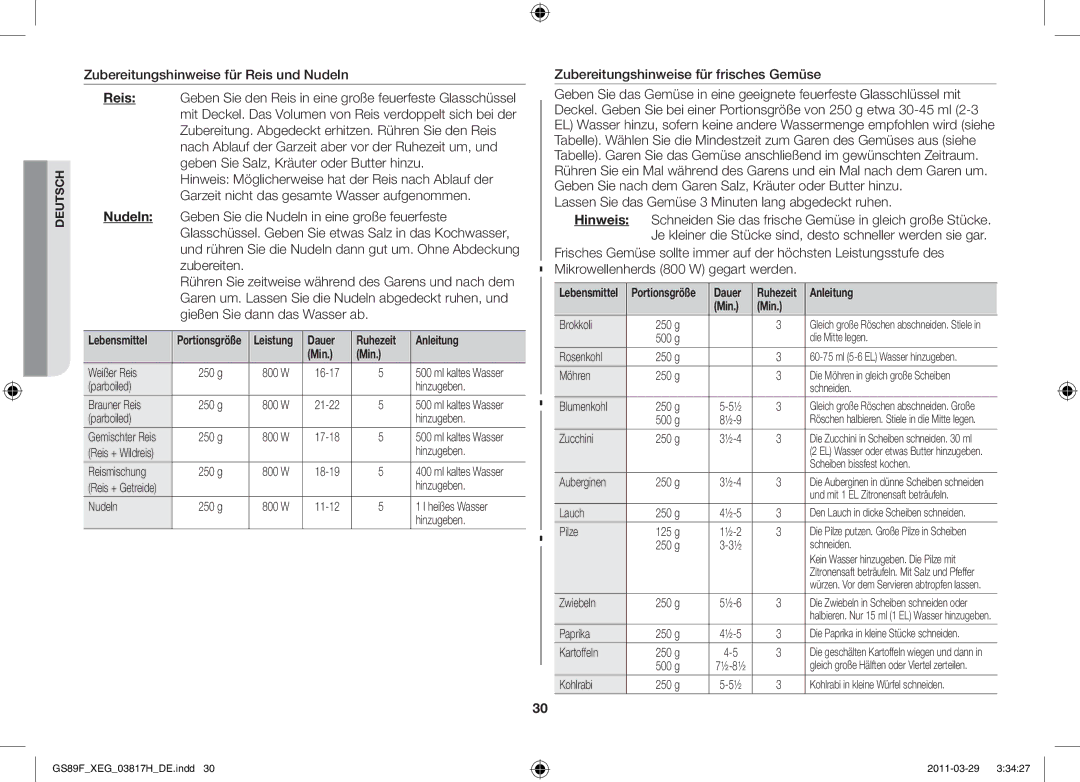 Samsung GS89F-1SP/XEG manual Dauer Ruhezeit Anleitung 