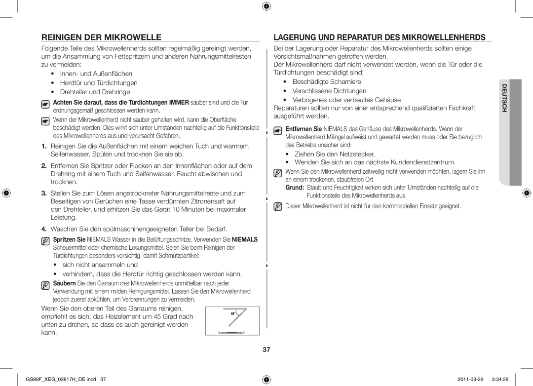 Samsung GS89F-1SP/XEG manual Reinigen der Mikrowelle, Lagerung und Reparatur des Mikrowellenherds 