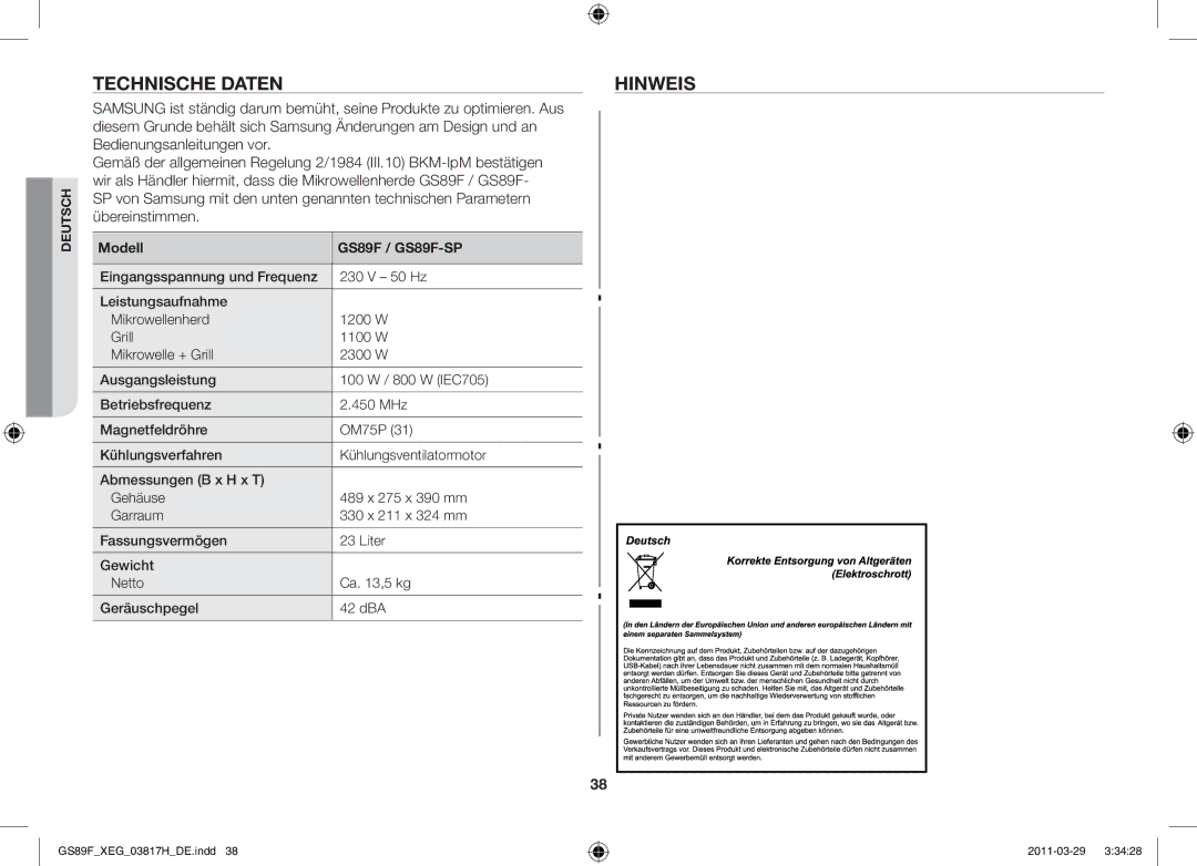 Samsung GS89F-1SP/XEG manual Technische Daten, Modell GS89F / GS89F-SP 