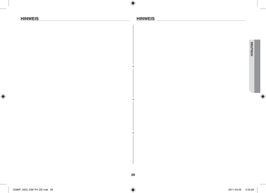 Samsung GS89F-1SP/XEG manual Hinweis 